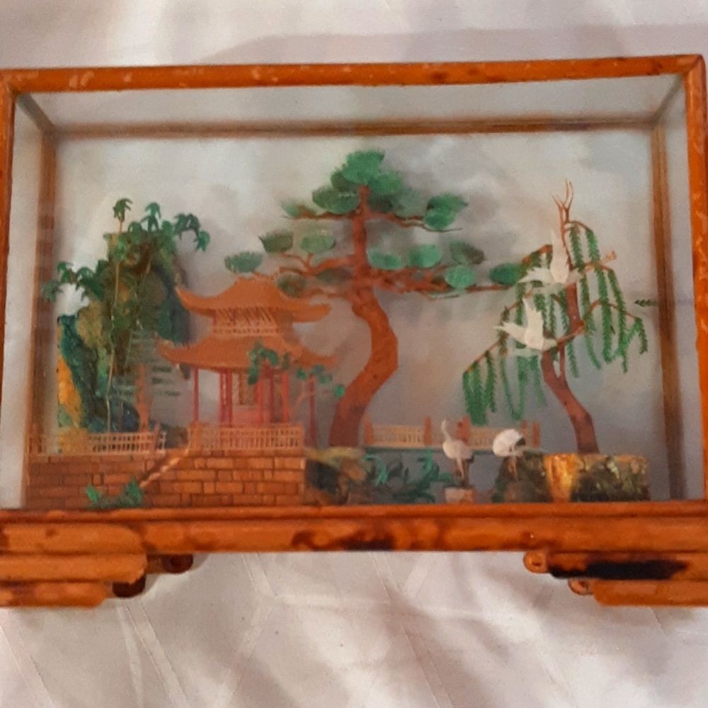 Vintage Chinese Cork Diorama Pagoda and Crain's In Bamboo Glass Box